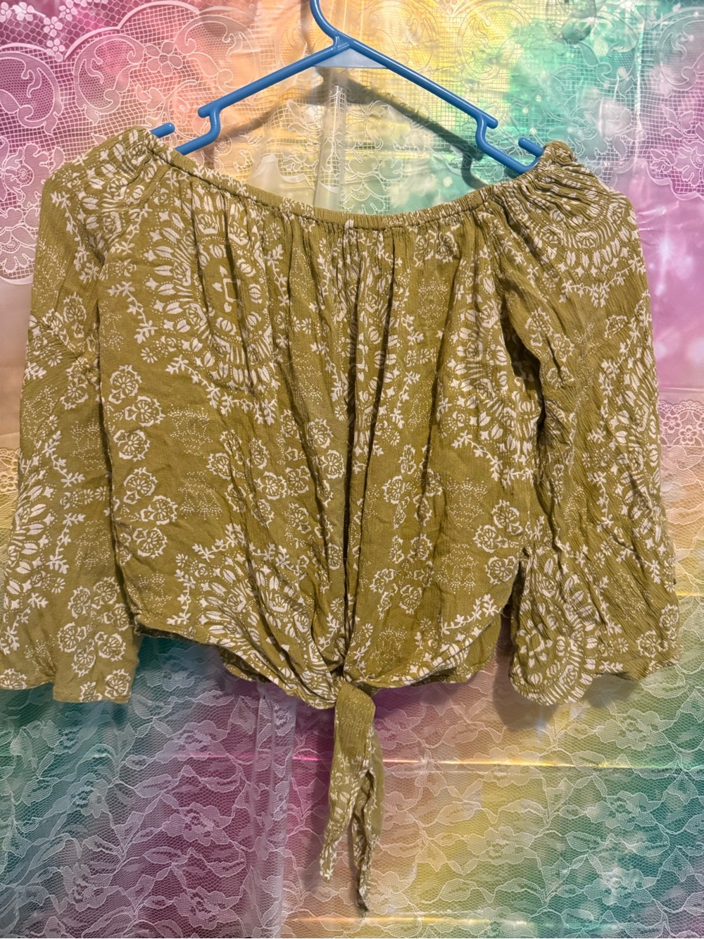 Tie-Front Off-Shoulder Blouse in Olive Green with White Print